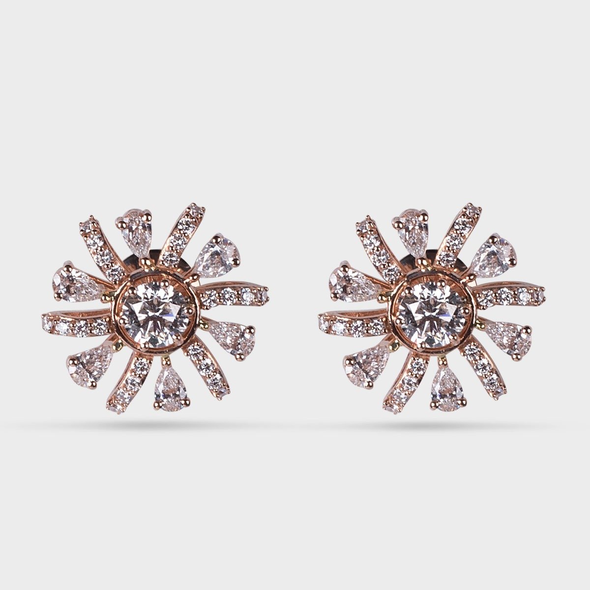 Floral Rose Gold Earrings with Center Round Diamond