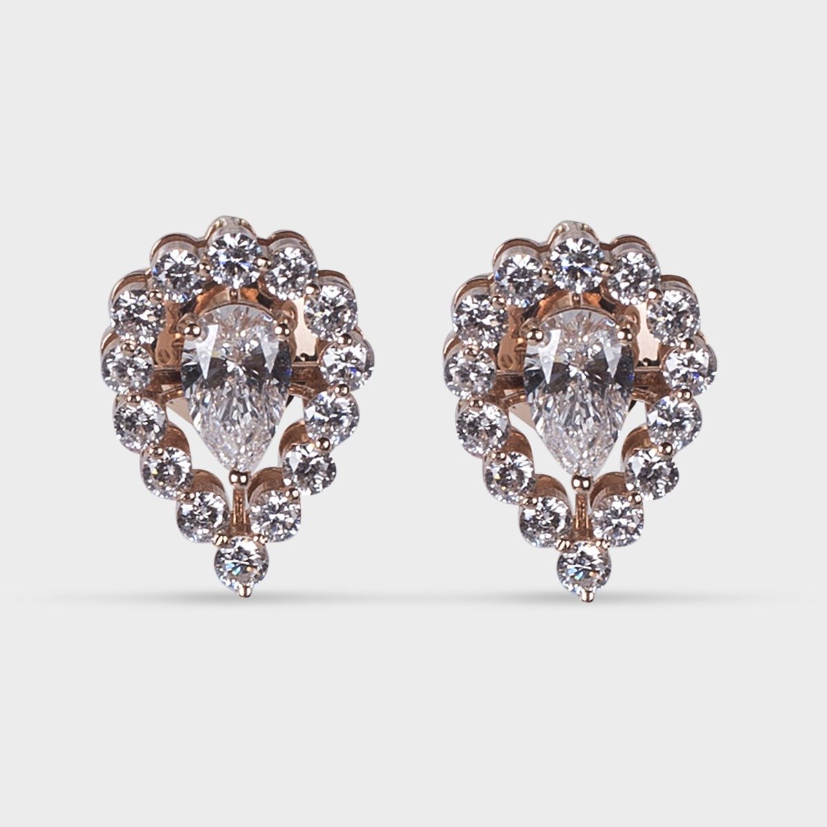 Exquisite Rose Gold Earrings with Round and Pear Diamonds