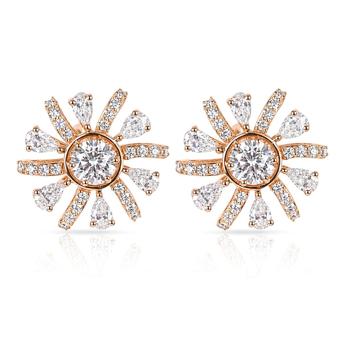 Floral Rose Gold Earrings with Center Round Diamond
