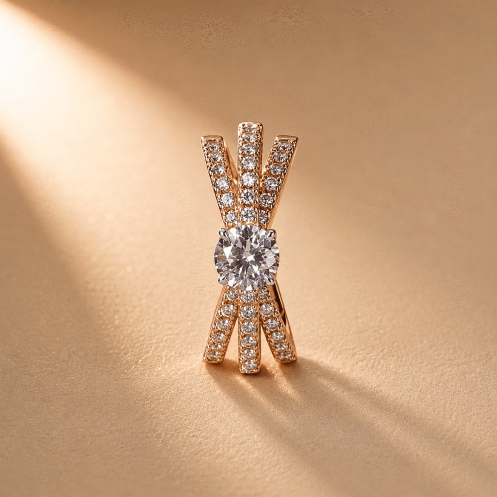 Triple Crossover Solitaire Ring by OSHA Jewels with 53 lab-grown diamonds.