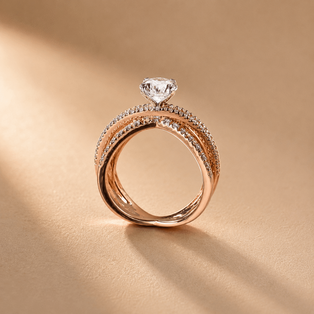 Triple Crossover Solitaire Ring by OSHA Jewels with 53 lab-grown diamonds.