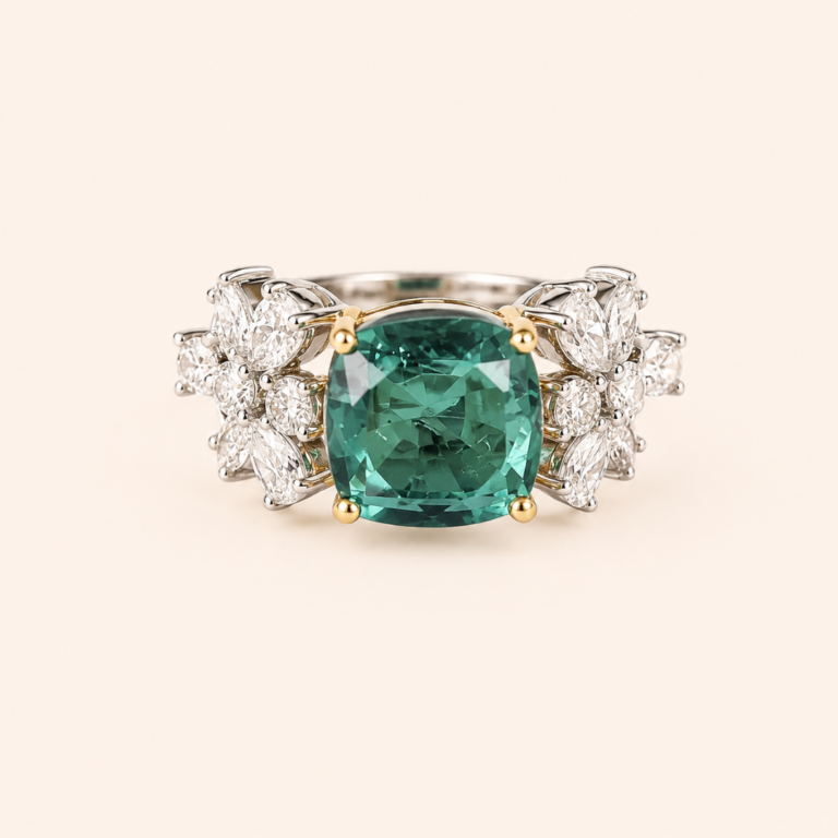 Radiating elegance and timeless charm, the Elegant Green Stone Ring features a captivating green center stone surrounded by a halo of sparkling lab-grown diamonds. Designed to make a statement, this sophisticated piece combines vibrant color, exceptional brilliance, and refined craftsmanship, making it perfect for special occasions or adding a touch of luxury to everyday style.