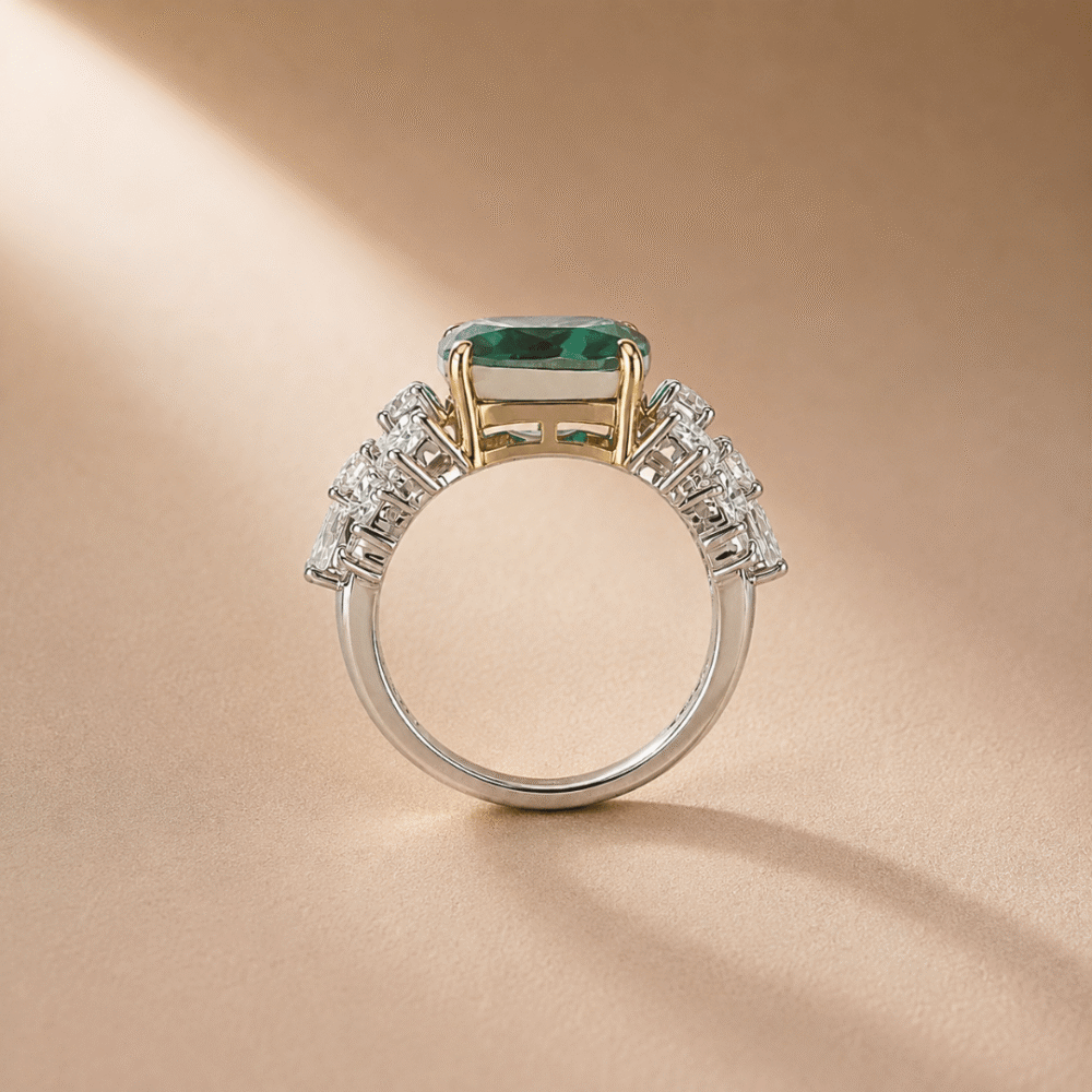 Radiating elegance and timeless charm, the Elegant Green Stone Ring features a captivating green center stone surrounded by a halo of sparkling lab-grown diamonds. Designed to make a statement, this sophisticated piece combines vibrant color, exceptional brilliance, and refined craftsmanship, making it perfect for special occasions or adding a touch of luxury to everyday style.