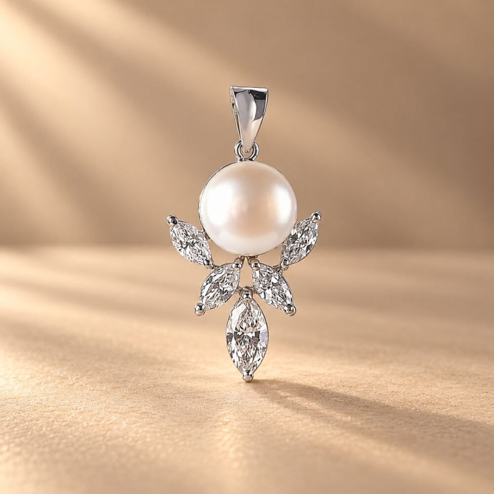 Elegant Pearl Pendant with Marquise Lab-Grown Diamonds from OSHA Jewels