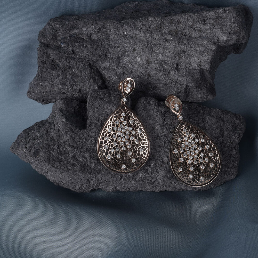 Exquisite Mosaic Drop Diamond Earrings in Rose Gold from OSHA Jewels