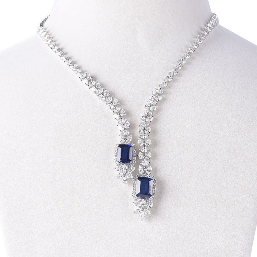 Multi Shape Diamond Necklace with Blue Stones in White Gold from Osha Jewels Kolkata