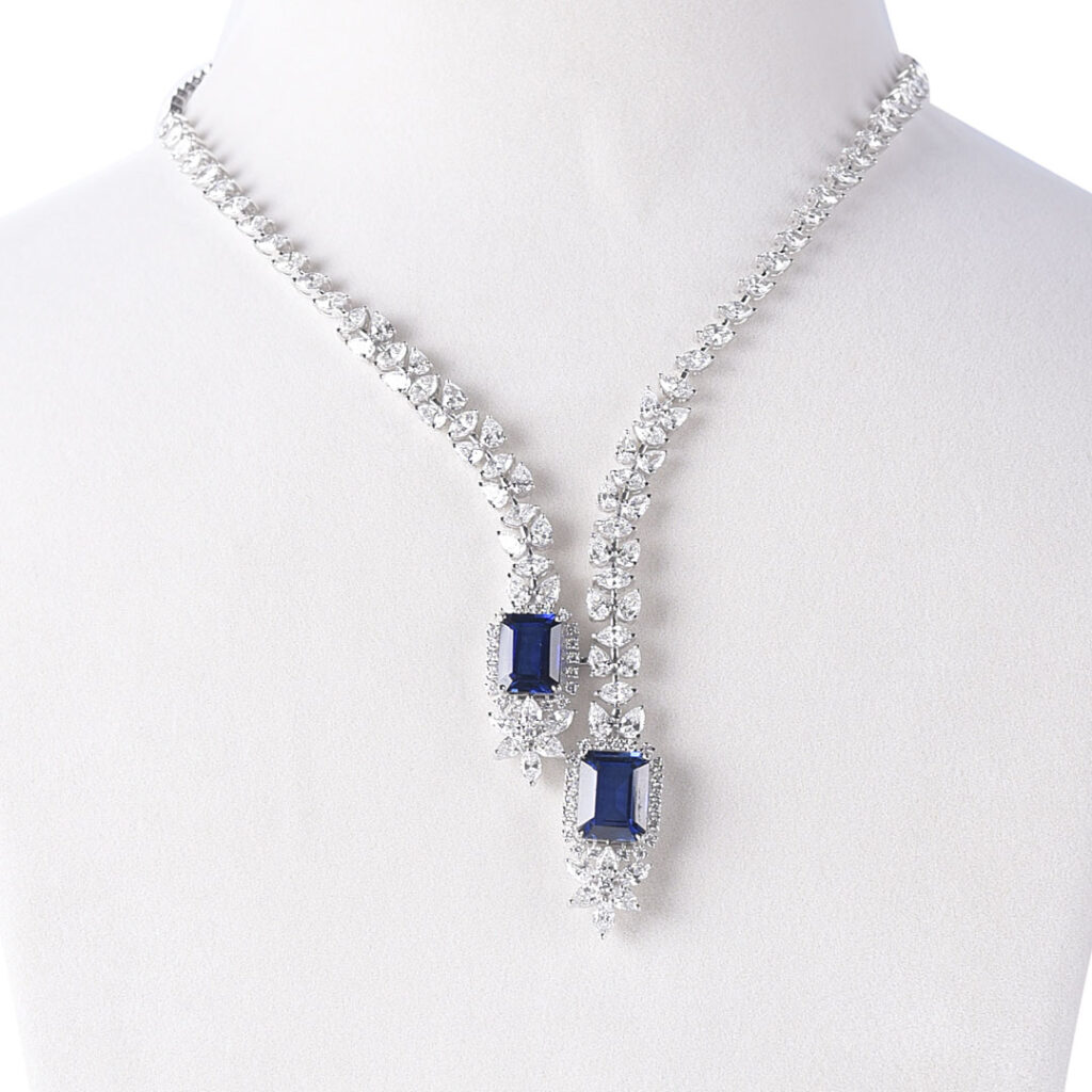 Multi Shape Diamond Necklace with Blue Stones in White Gold