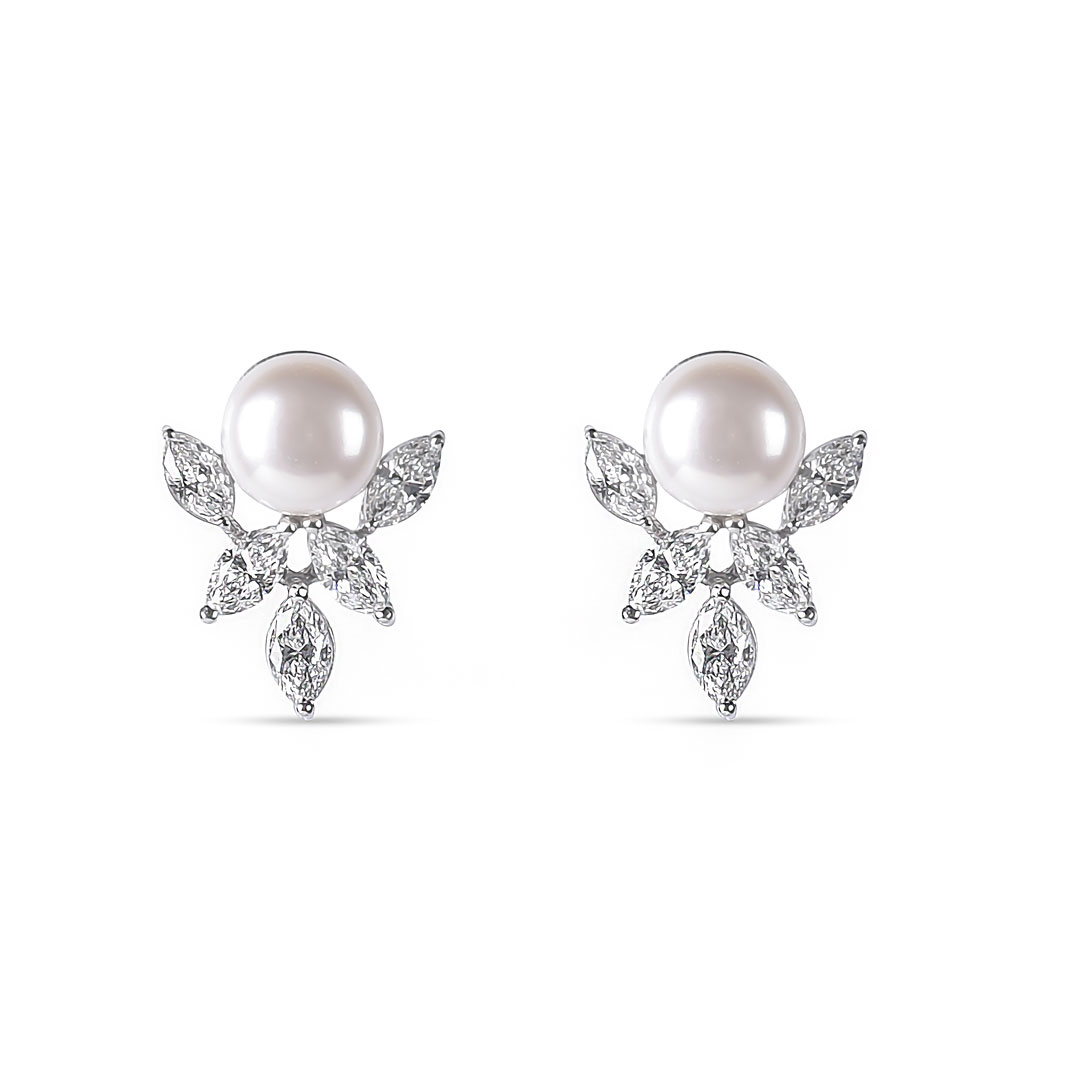 Elegant Pearl Earrings with Marquise Lab-Grown Diamonds