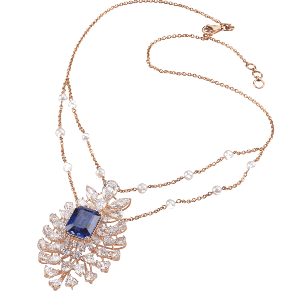 Elegant Sapphire Blue and Crystal Floral Pendant Necklace in Rose Gold from osha jewels kolkata