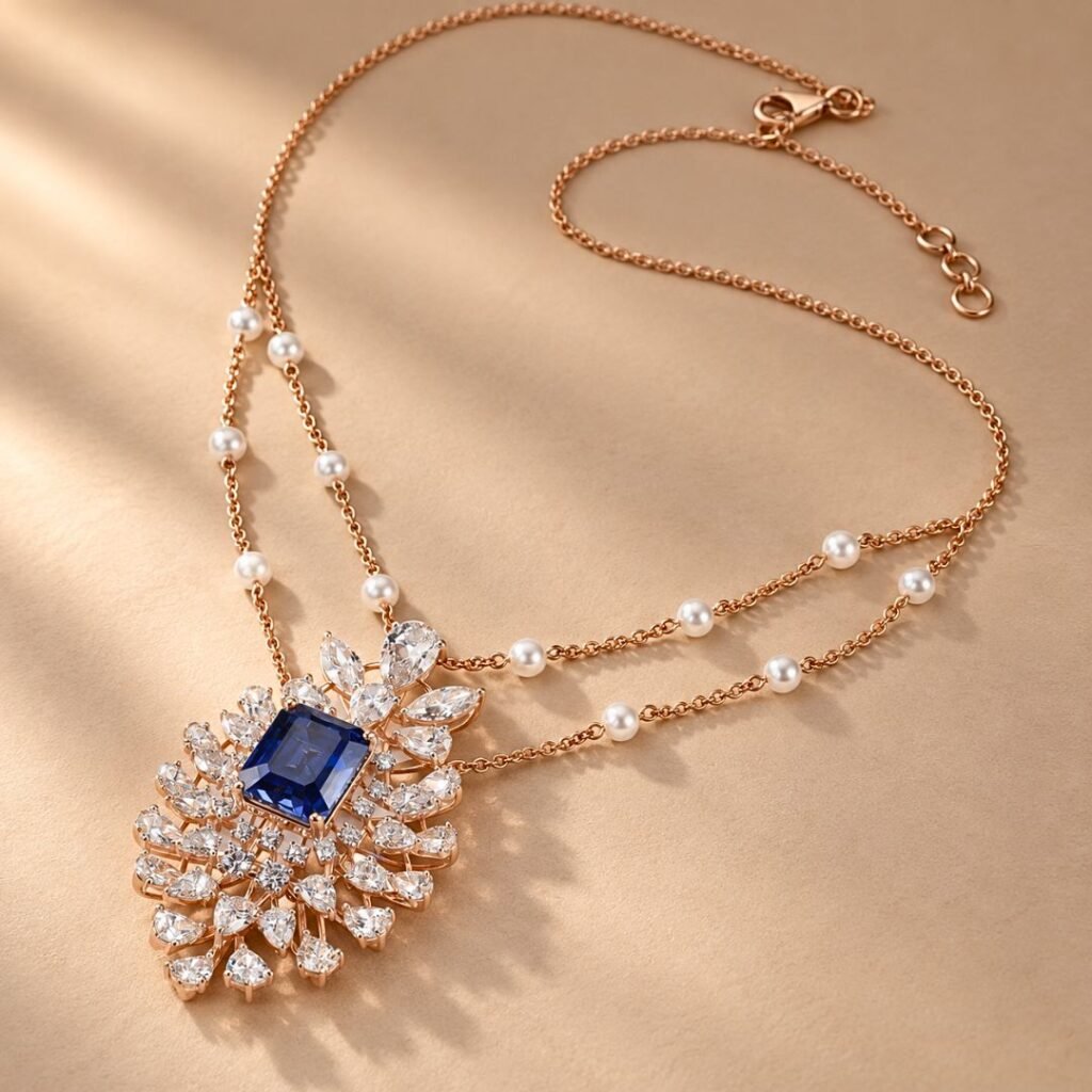 Elegant Sapphire Blue and Diamond Floral Pendant