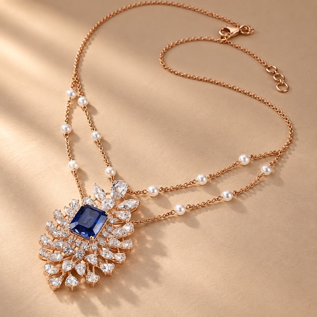 Elegant Sapphire Blue and Diamond Floral Pendant