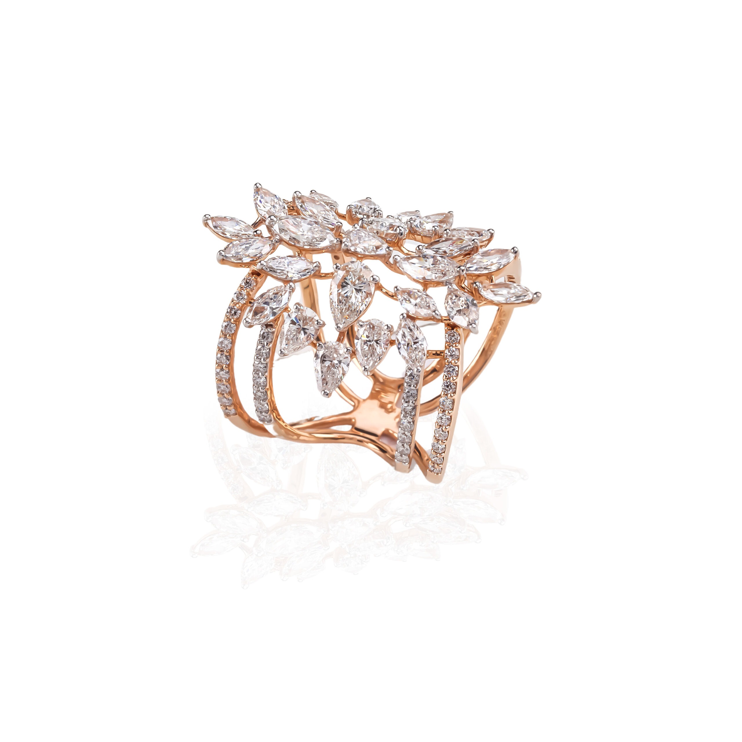 Rose Gold Floral Leaf Crystal Statement Ring