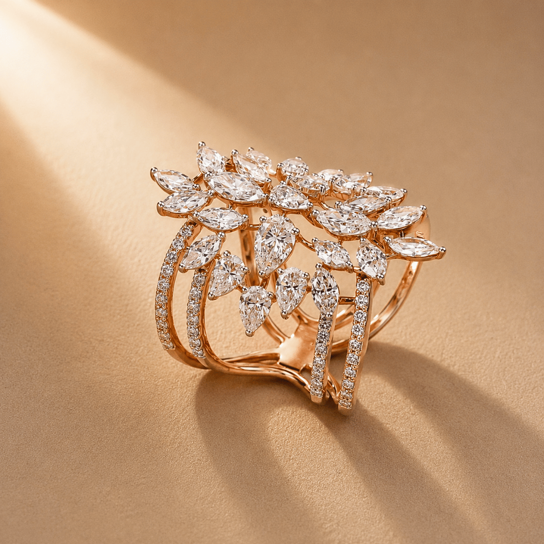 Rose Gold Floral Leaf Crystal Statement Ring