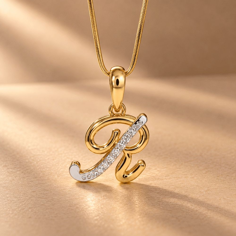 Radiant ‘R’ Diamond Initial Pendant in 14K Yellow Gold