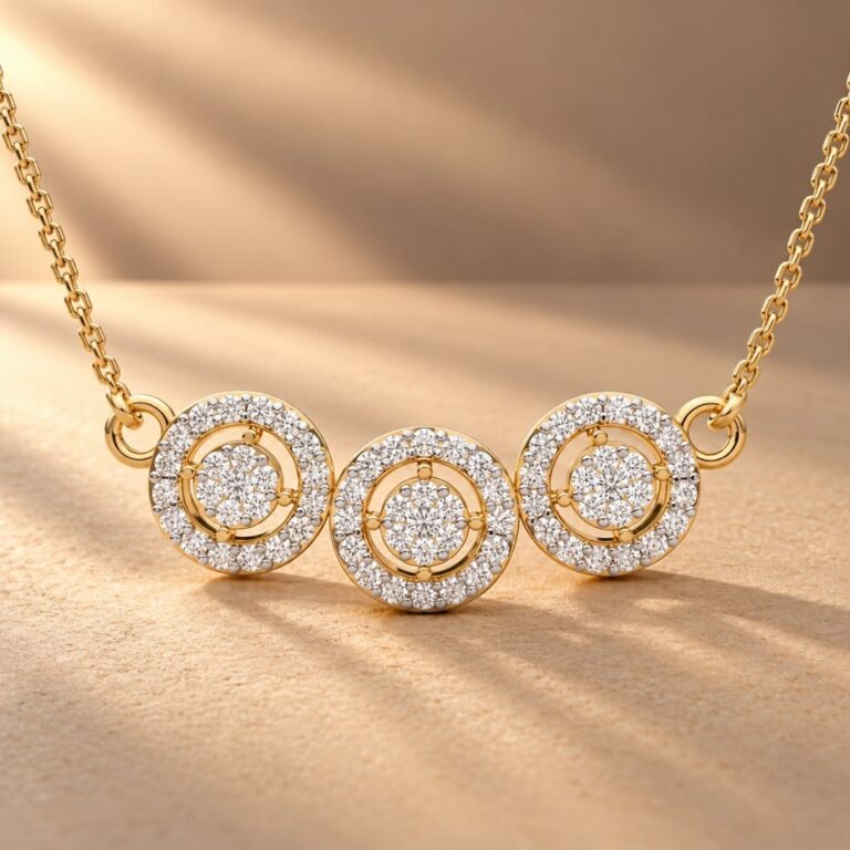 Triple Halo Circle Diamond Necklace in 14K Gold from osha jewels kolkata
