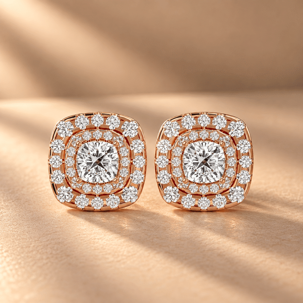 Dazzling Halo Diamond Stud Earrings in 14K Rose Gold