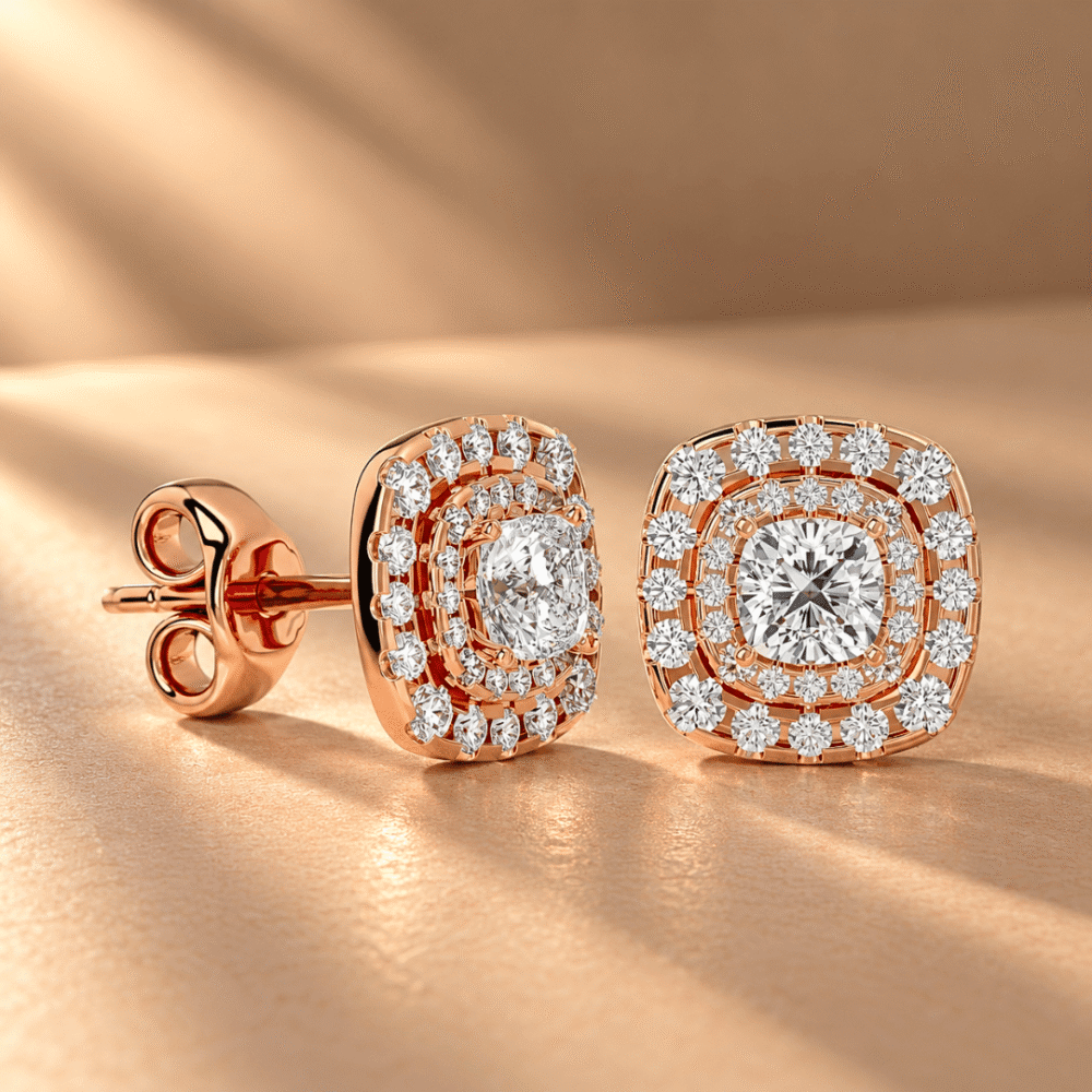 Dazzling Halo Diamond Stud Earrings in 14K Rose Gold