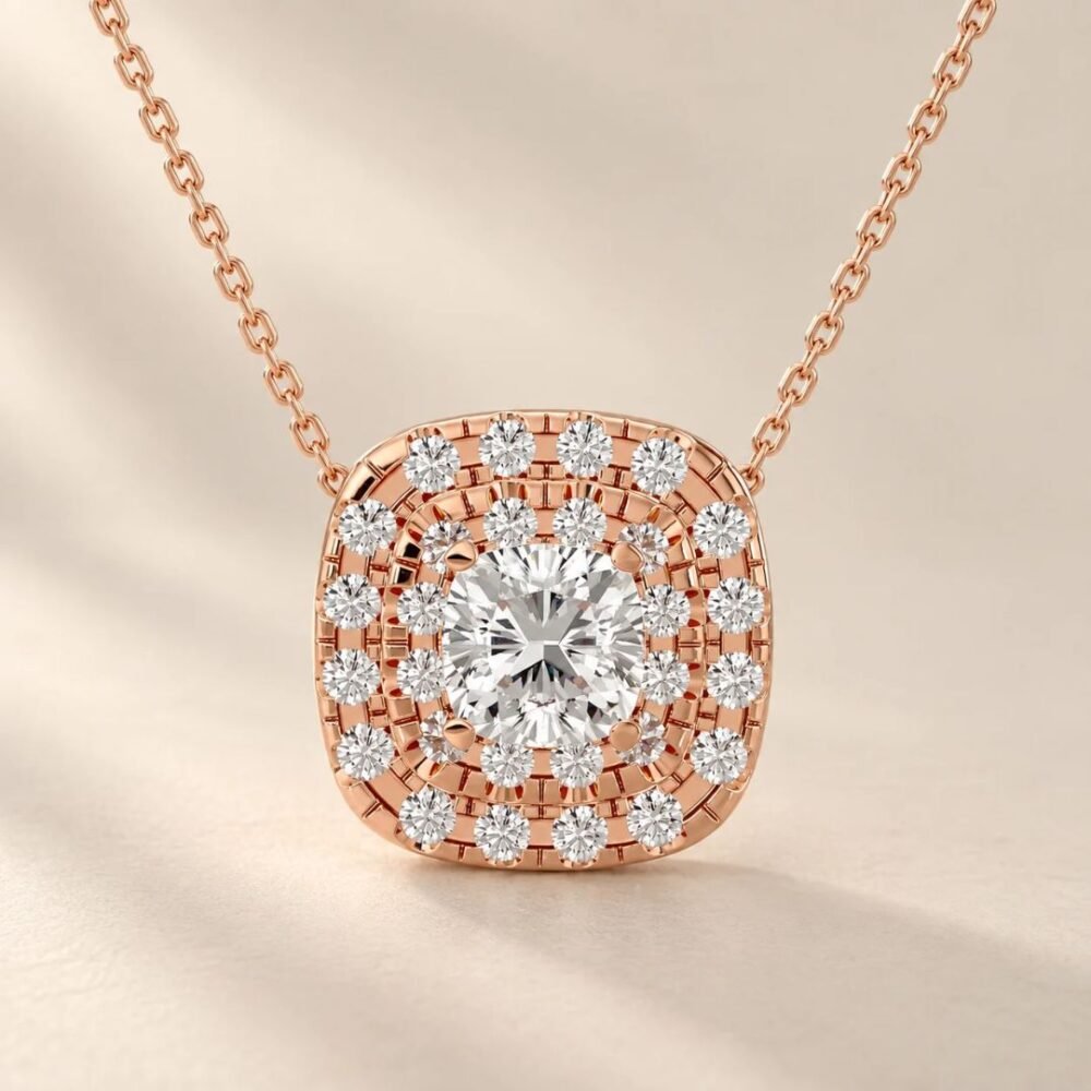 Radiant Halo Diamond Pendant in 14K Rose Gold