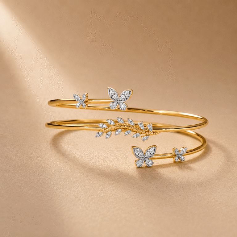 14kt Gold Butterfly and Leaf Diamond Bracelet with Lab-Grown Diamonds