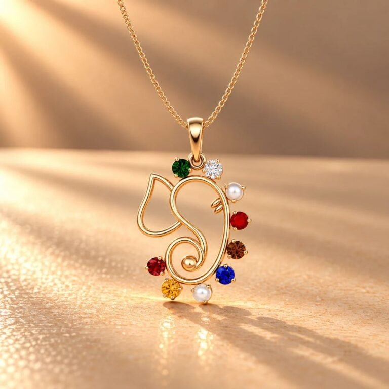 Navratna Ganesh Pendant with Nine Gemstones in Gold