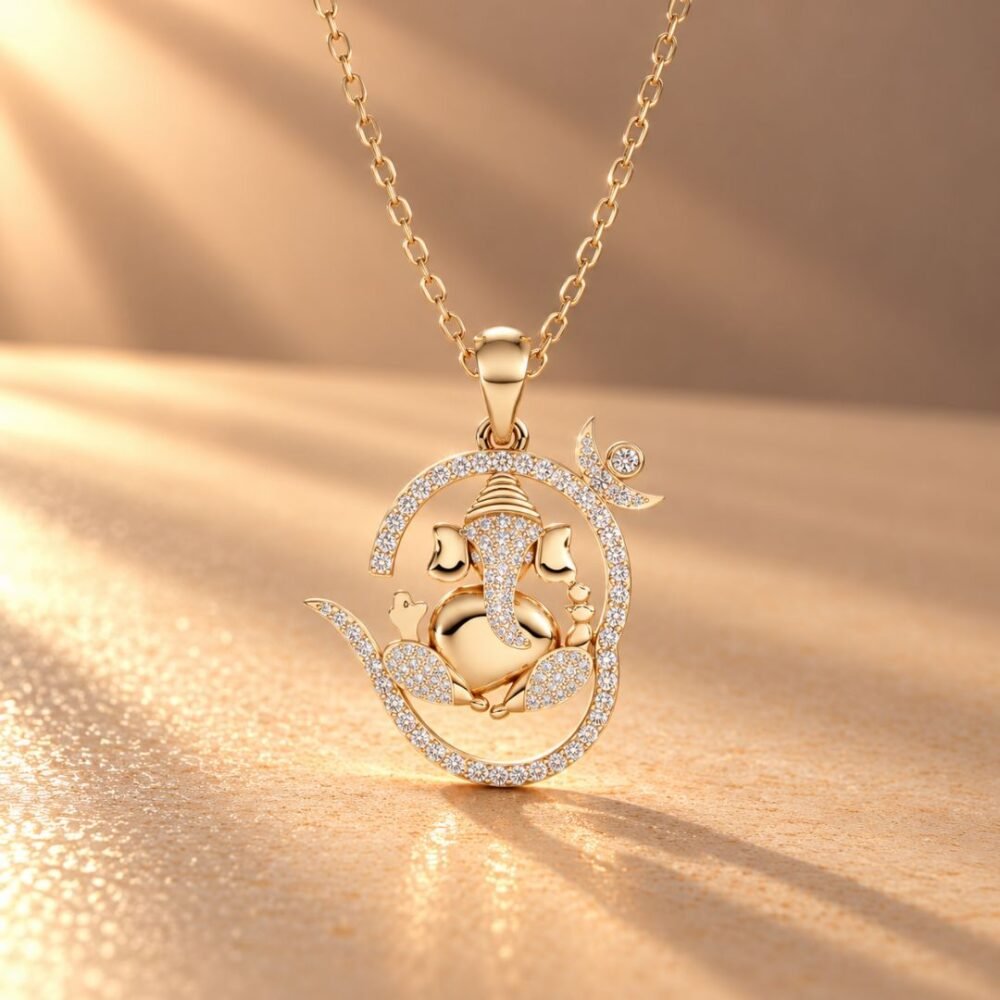 Om Ganesh Diamond Pendant with lab-grown diamonds – a perfect blend of spiritual beauty and modern style. Ideal for sacred everyday elegance.