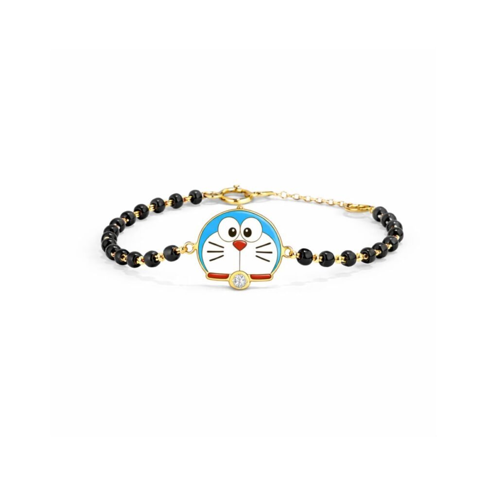 Doraemon diamond kids nazaria bracelet in gold with black beads and lab grown diamond