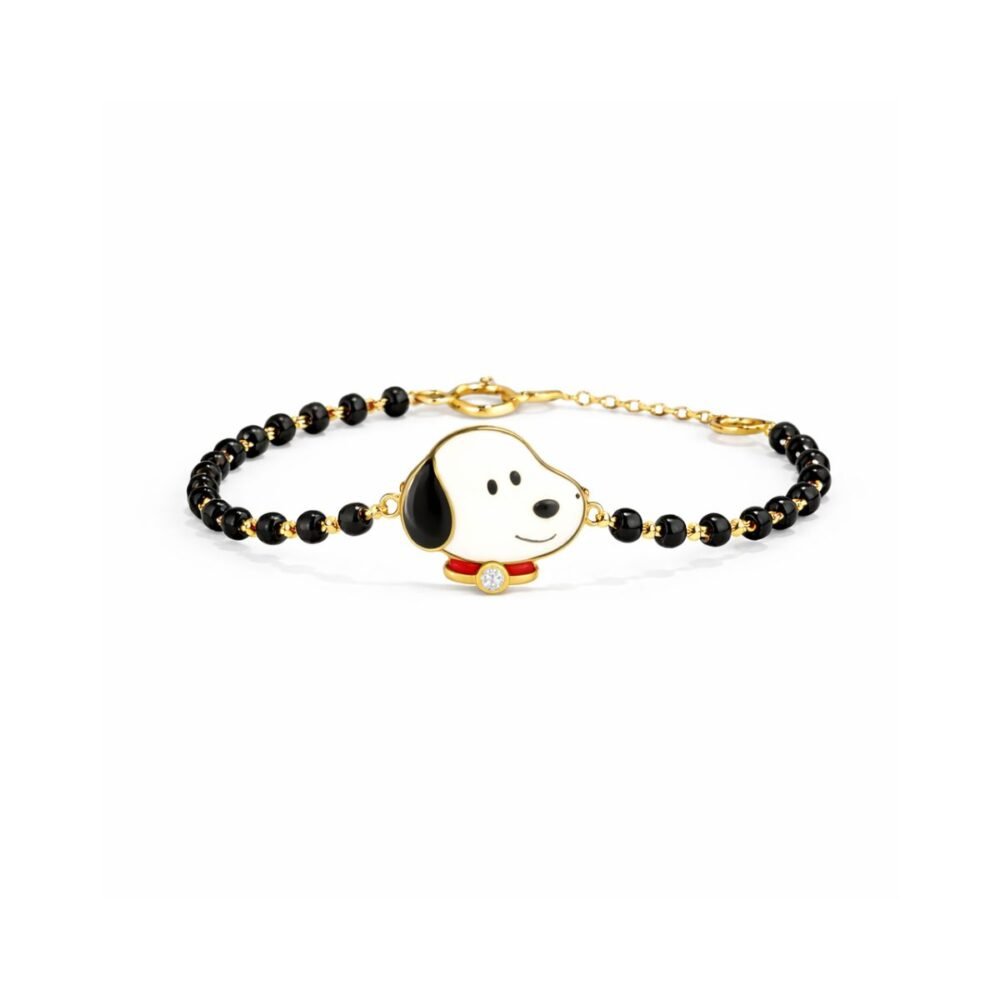 Snoopy diamond kids nazaria bracelet in gold with black beads and lab grown diamond