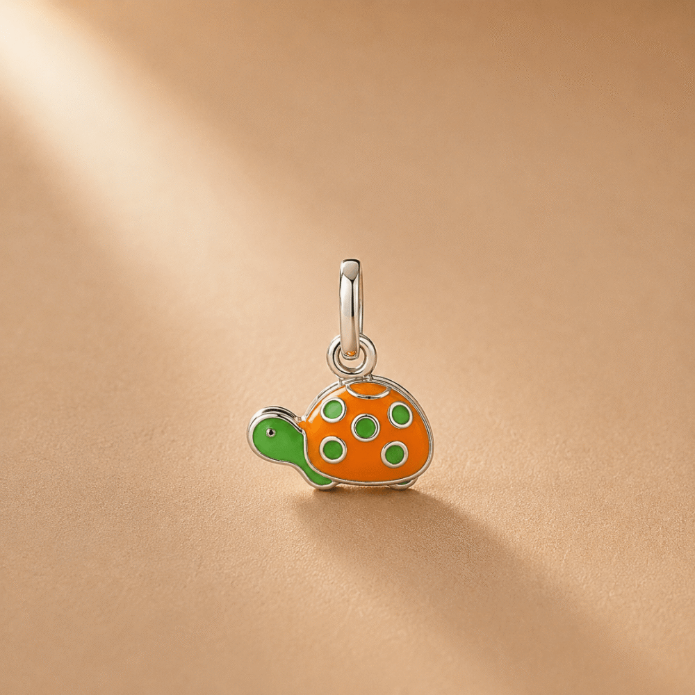 Orange turtle silver enamel charm pendant for kids
