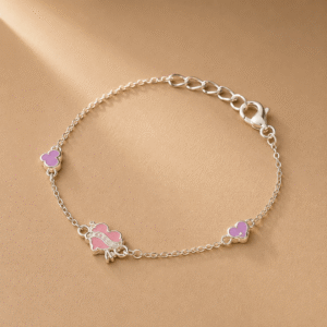 Pink butterfly silver charm bracelet with heart and flower charms