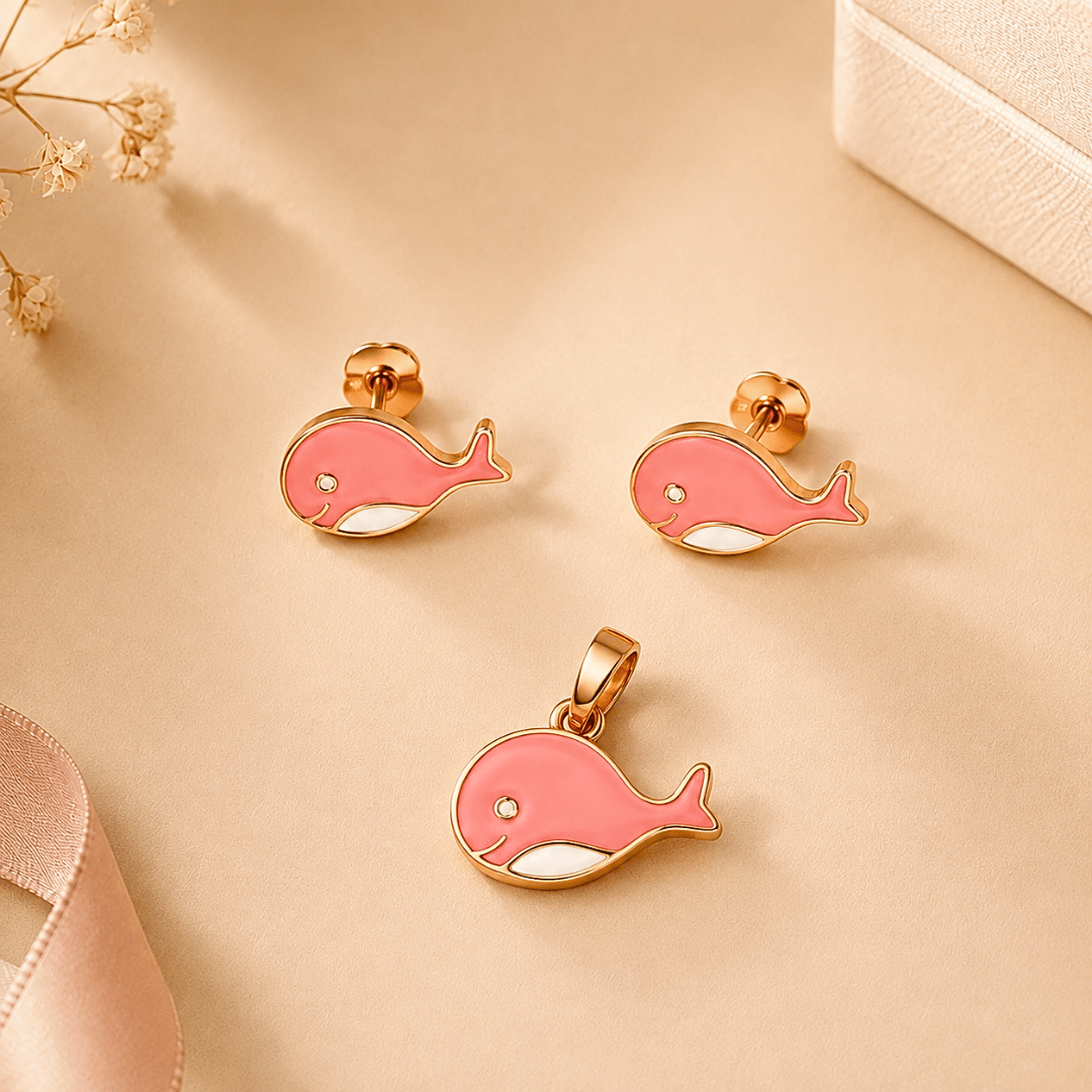 Pink Whale Silver Pendant and Earring Set