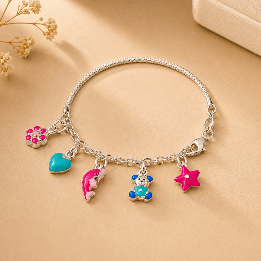 Playful charm silver kids bracelet with colourful enamel charms