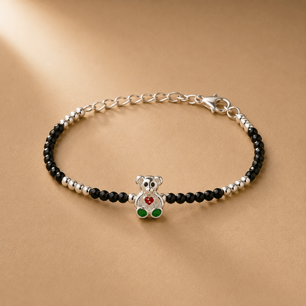 Teddy bear black beaded silver bracelet for kids