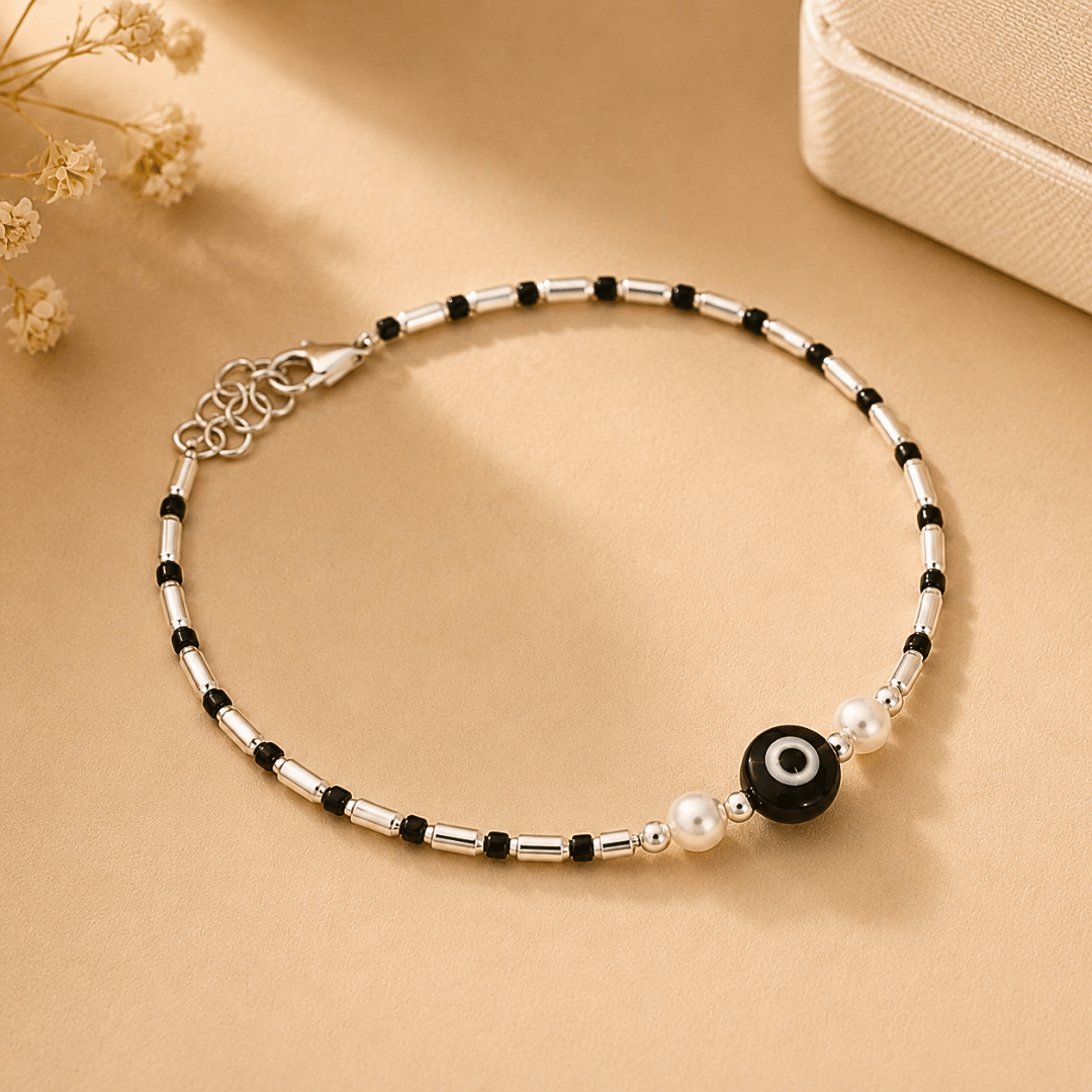Evil Eye Black Beaded Silver Bracelet