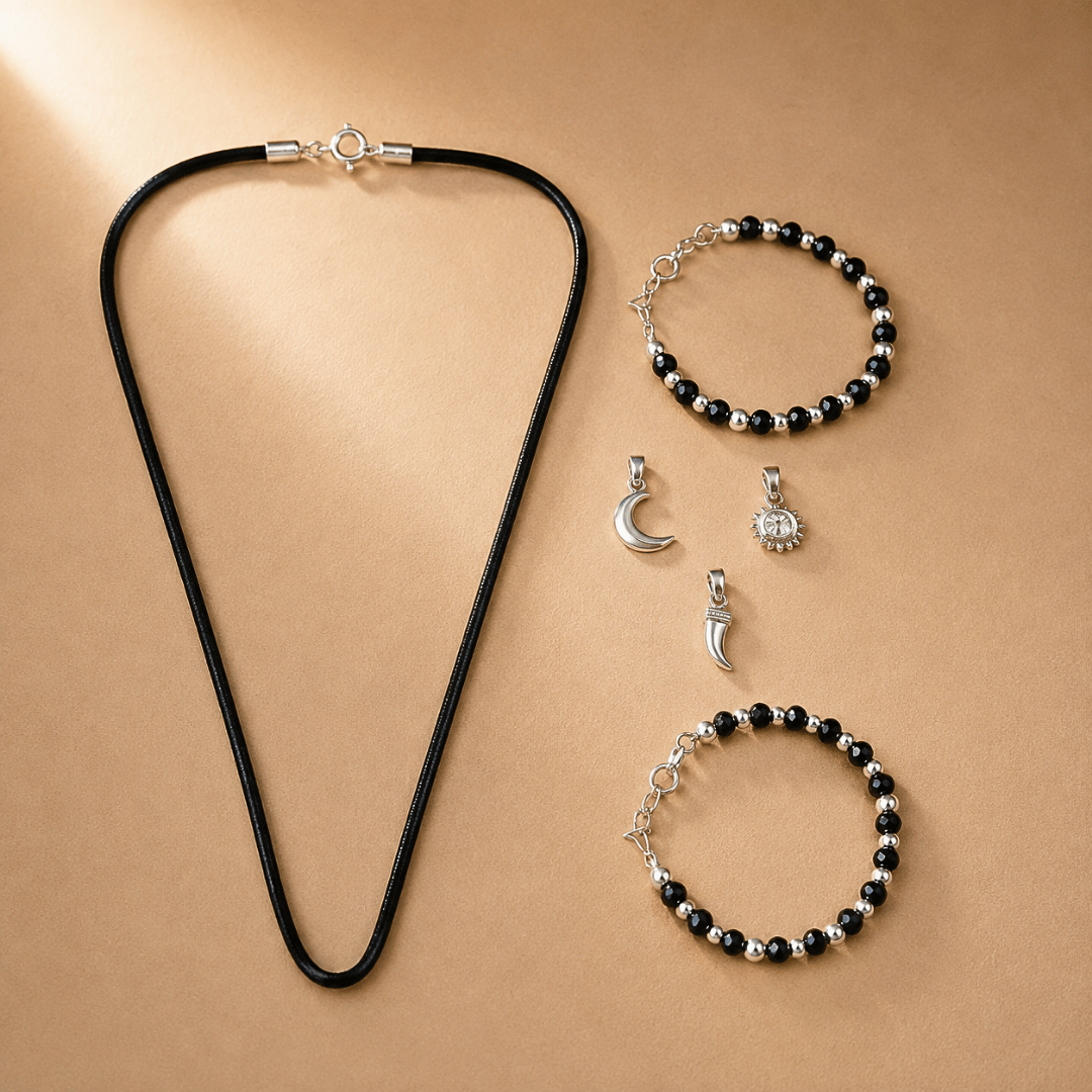 Celestial Black Beaded Silver Jewellery Set