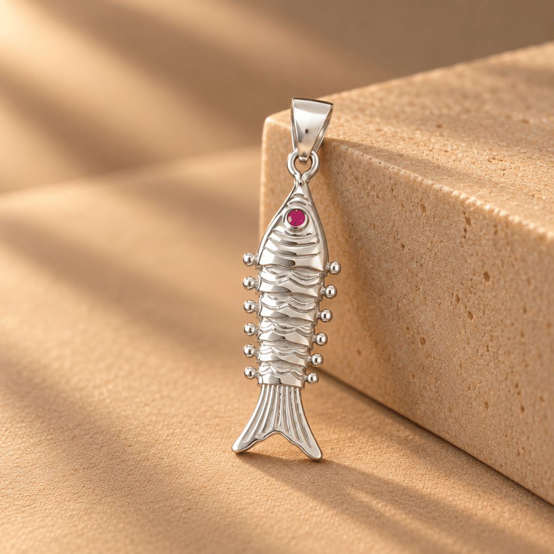 Fish Tail Silver Pendant with Pink Stone