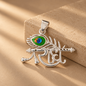 Krishna flute and peacock feather silver pendant with enamel detailing