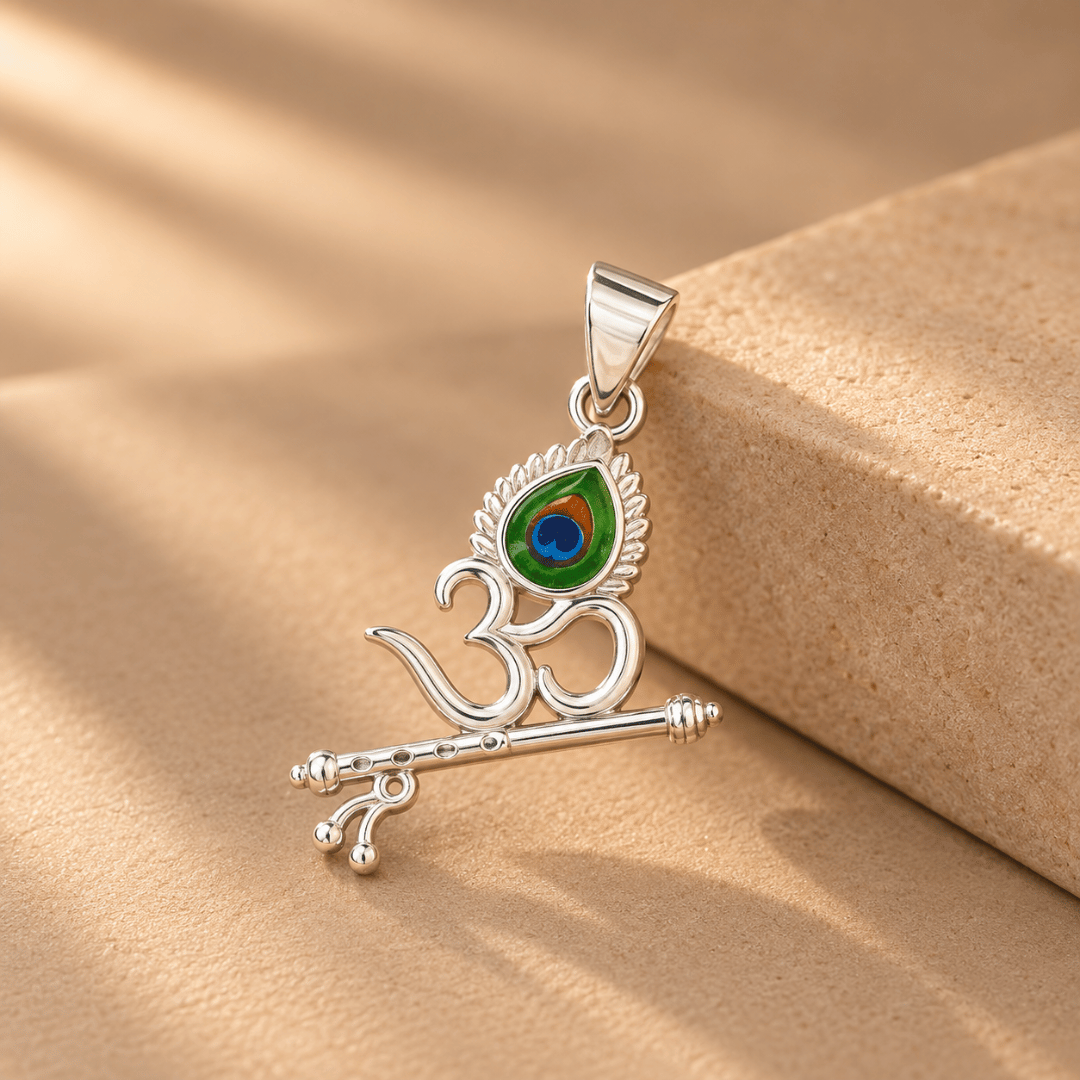 Om Peacock Feather Silver Pendant