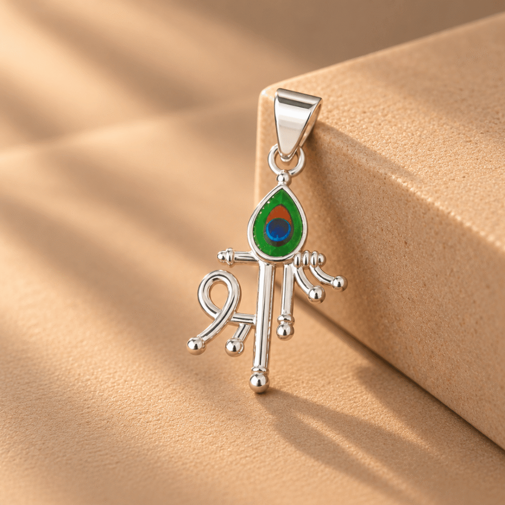 Peacock feather flute silver pendant with green blue and orange enamel